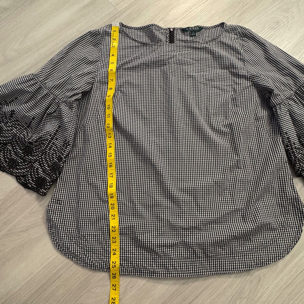 Lauren Ralph Lauren Blouse Women Gingham Bell Sleeve Black White Eyelet XL - Picture 5 of 15